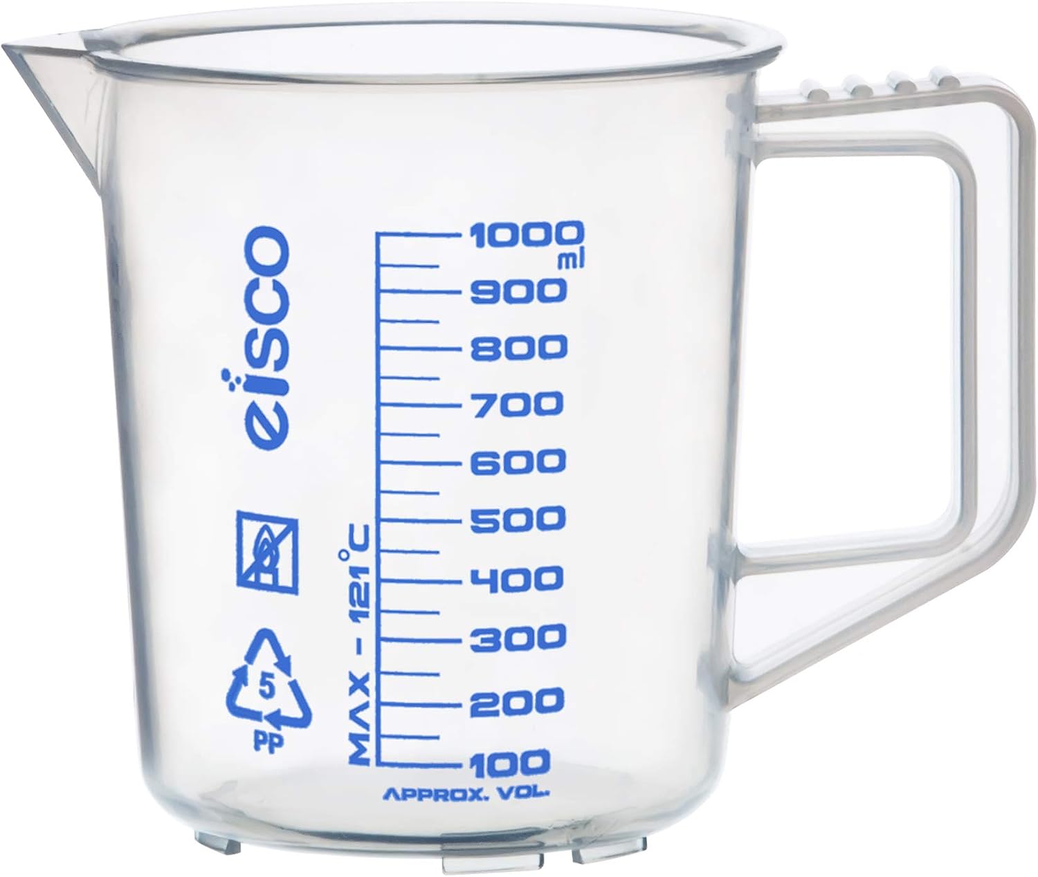 Eisco Polypropylene Measuring Jug, Autoclavable, Chemical Resistant, 1000ml | Heat Resistant, Screen-Printed Graduations, Non-Drip Spout, Thumb Grips, Measuring Pitcher, For Lab, Classroom & Home Use