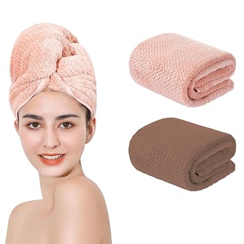 Microfiber Hair Towel Quick Dry Hair Towel Hair Drying Towels Lotus Root Pink+Dark Brown 20X40inch 2pcs