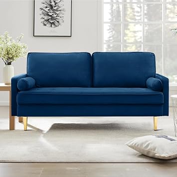 Velvet Loveseat Sofa, 66.9 Mid Century Modern Small Love Seats with 2 Pillows & Golden Legs Comfy Couch for Living Room, Upholstered 2 Seater Sofa for Small Apartment Navy