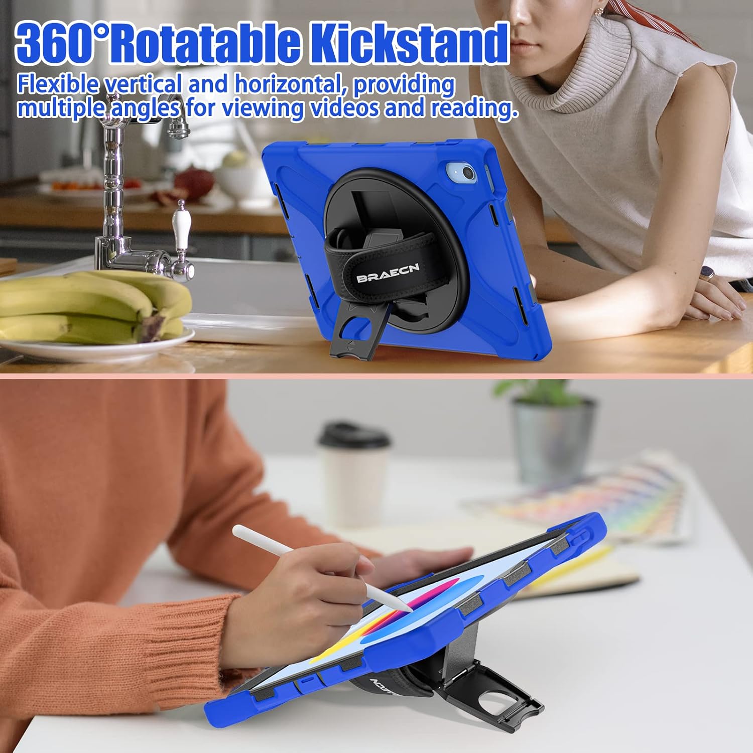 BRAECNstock for Apple iPad (A16) 11th/10th Generation Case 11"/10.9" 2025/2022, Shockproof Protective Case with Screen Protector, Pencil Holder, 360 Rotating Stand&Hand Strap, Shoulder Strap, Blue
