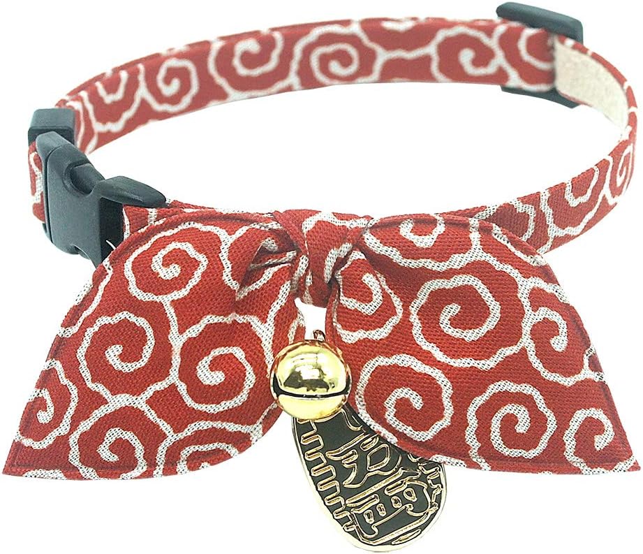 Bunny Ears Scarf Bowtie Breakaway Cat Collar.with Bell and Coin Charm.Unique Japan Style.100% Cotton. for Girl Boy Male Female Cute Cat Collar