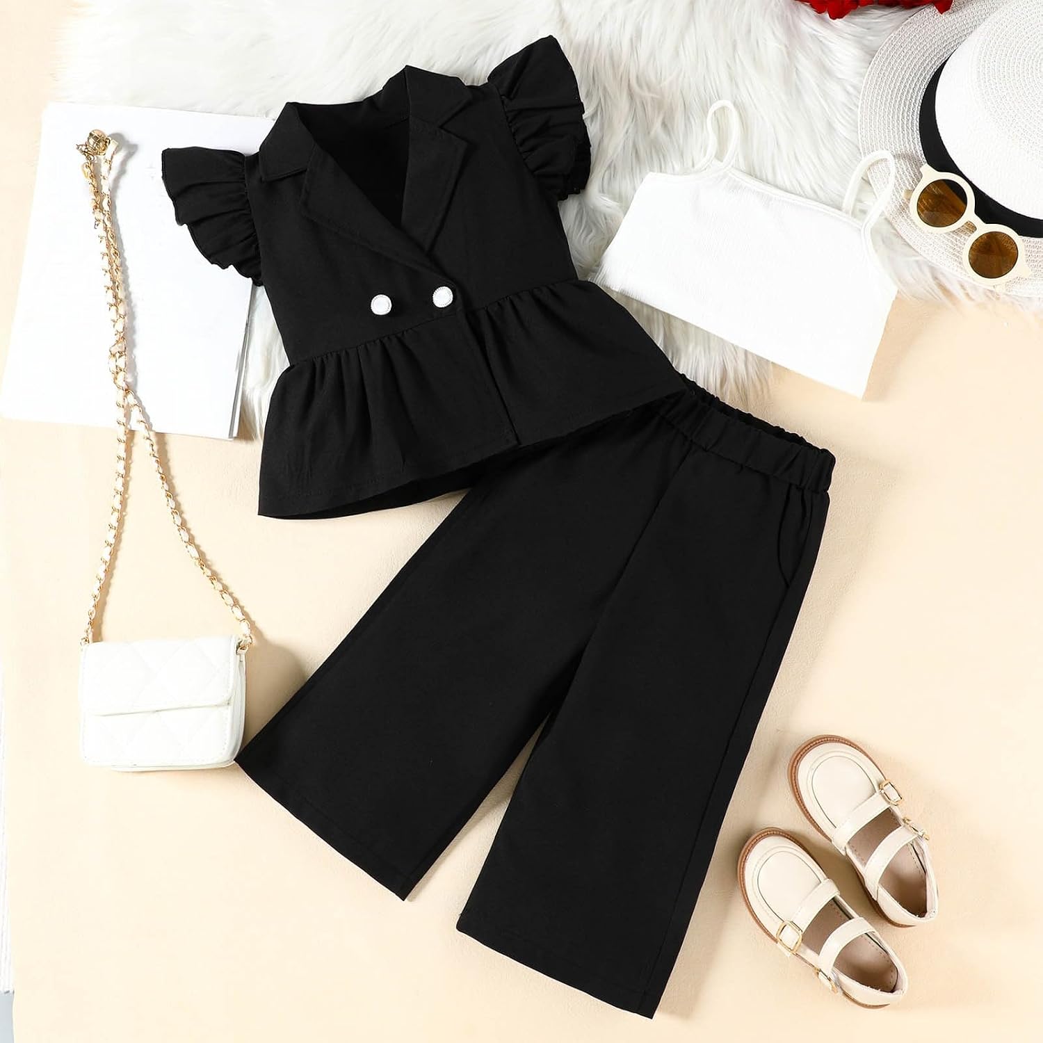 Girls Clothing Set Ruffle Double Breasted Blazer Vest and Cropped Pants Summer 2 Piece Outfits for Kids 2-8 Years