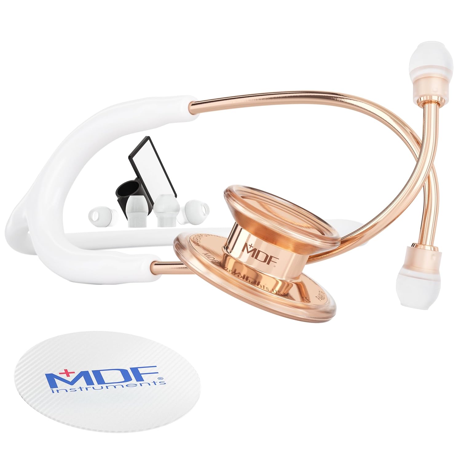 MDF Instruments MD One Epoch Lightweight Titanium Stethoscope, Adult, Free-Parts-for-Life, White Tube, Rosegold Chestpiece-Headset, MDF777TRG29
