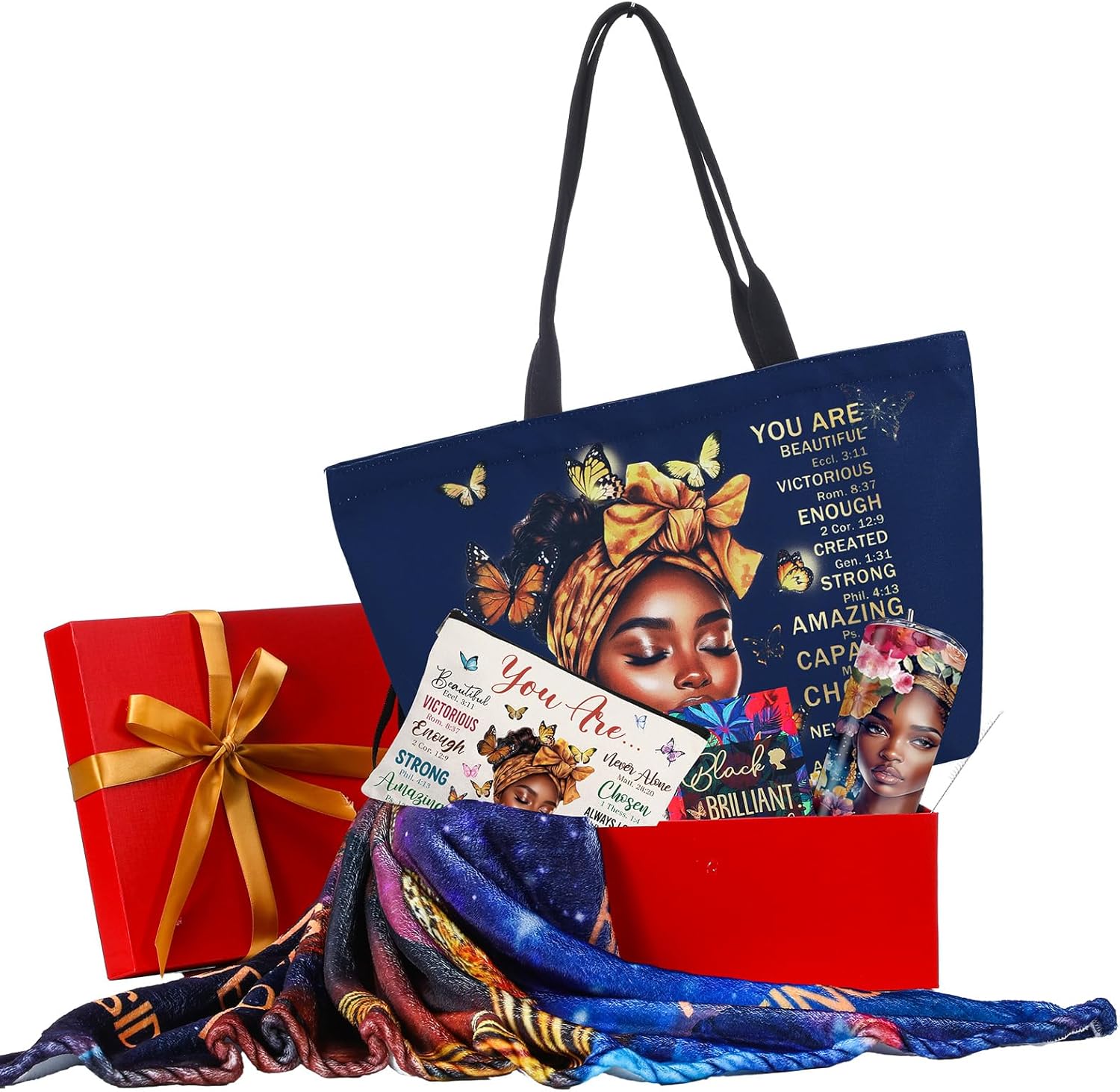 Geiserailie African American Gifts for Women Afro Black Girl Blanket, Tote Bag, Gift Box and More for Black Mom Friends Lady Valentine's Day Holiday Party Present(Purple Butterfly)