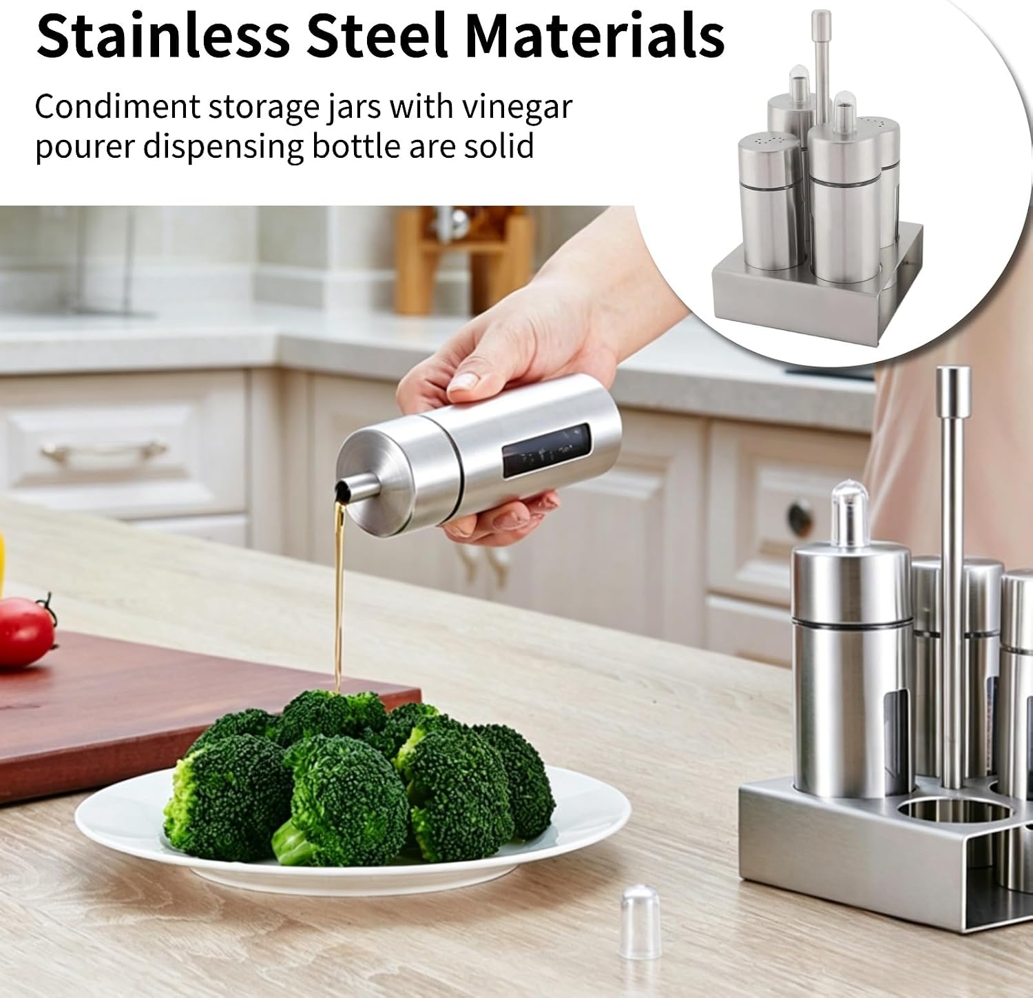 Cyrank Oil and Vinegar Dispenser Set, 4 in 1 Stainless Steel Salt Pepper Holder Salt Pepper Shaker Set with Holder Olive Oil Vinegar Cruets for Kitchen Cooking