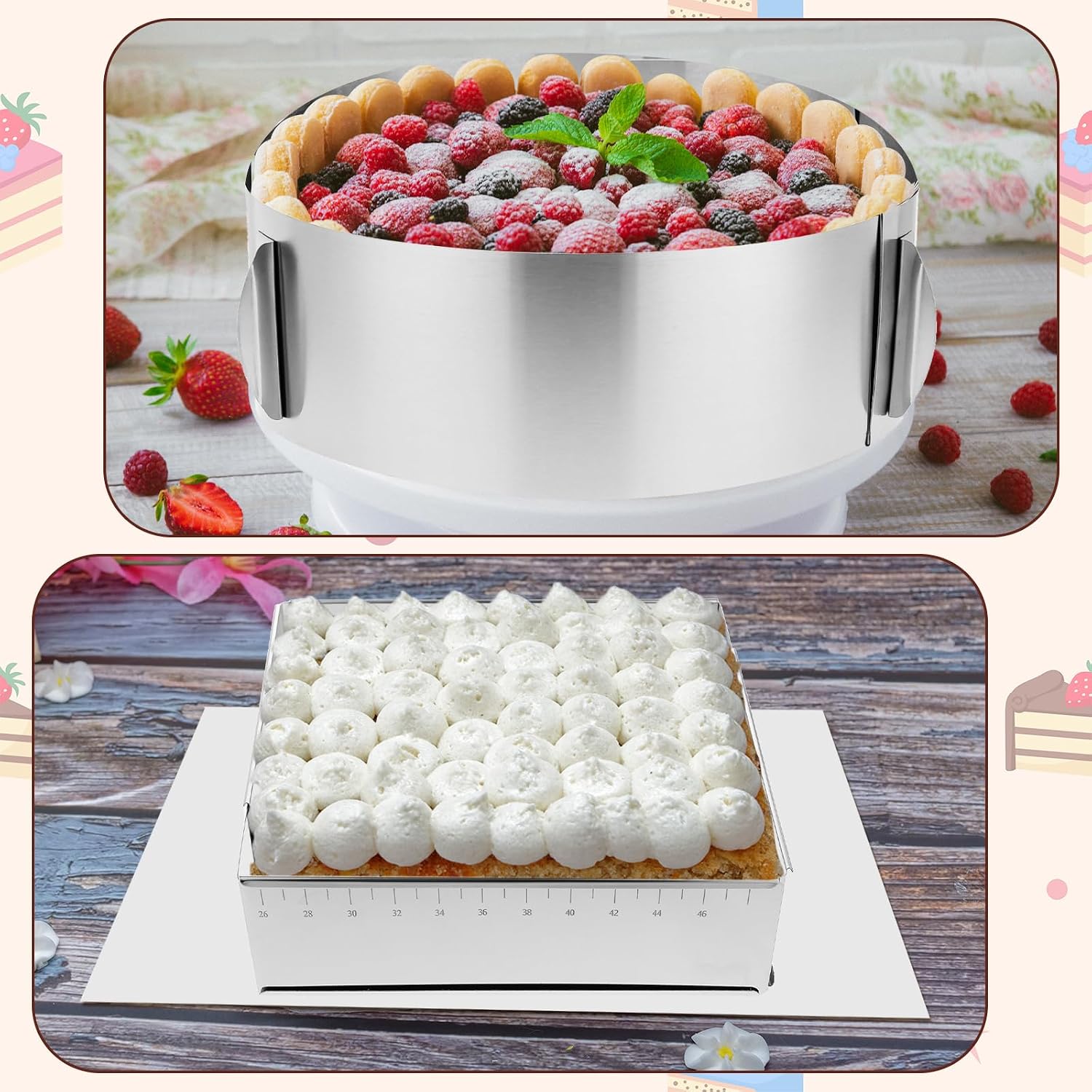 Adjustable Mousse Cake Ring Mold Set Extendable Stainless Steel Rectangle Shaped Cake Cutter 18 x 13 x 4 Inch with 20Pcs Baking Parchment,2Pcs Scraper for Baking Birthday Party Dessert