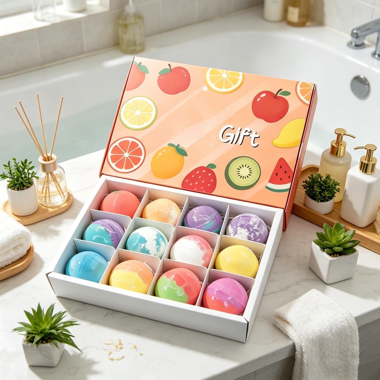 Badekugeln für Jungen und Mädchen, mit 12 Stück Körperseife – Badeball mit Fruchtdesign – für Kinder, Entspannung, Körperpflege, Zuhause, Reisen, Hotel