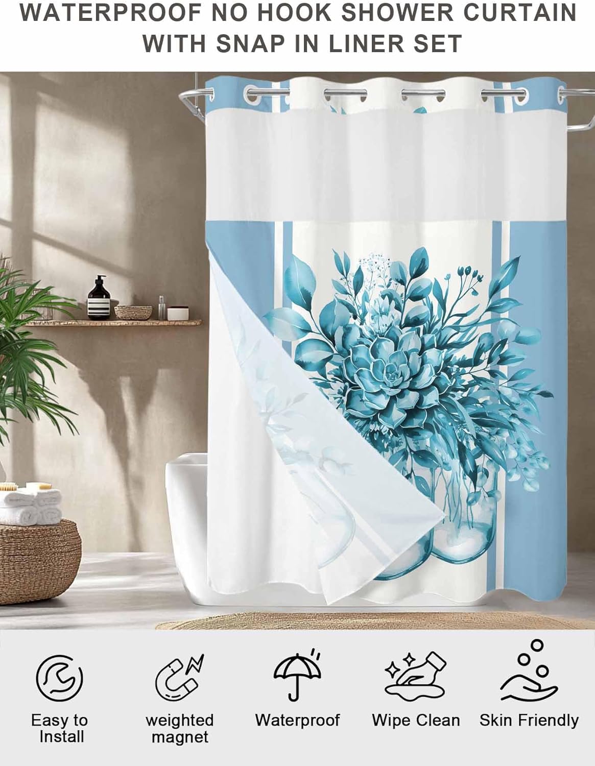 No Hook Shower Curtain and Snap in Liner Set, Bluish Green Eucalyptus Leaves Fabric Bathroom Stall Shower Curtains 48x72, See Through Top Window, Spring Summer Floral Botanical Flowers Hotel Style
