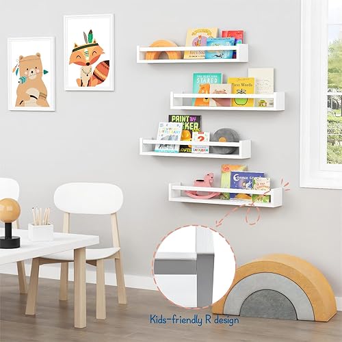 Miniatura 7 de Forbena Estantería de pared de 24 pulgadas para dormitorio de niños, juego de 4, estantes flotantes blancos para libros de bebé, niños y niñas,