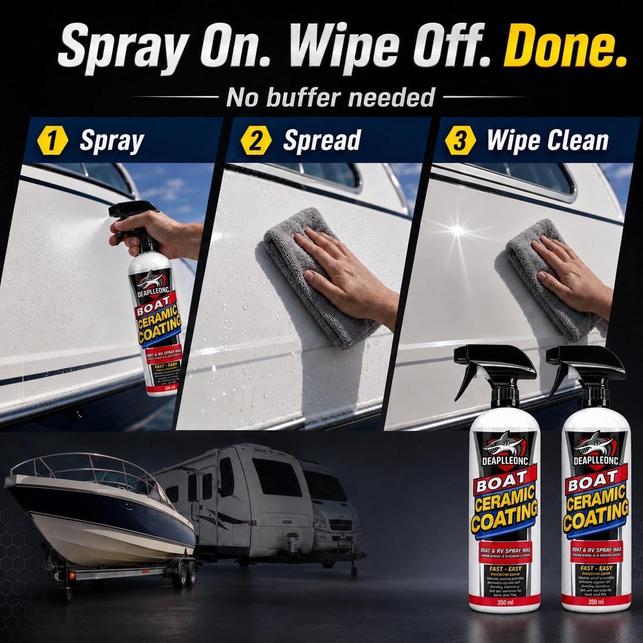 Marine Ceramic Coating for Boats & RV - SiO2 Boat Wax Spray with UV Protection | Hydrophobic Spray-On Wipe-Off Ceramic Sealant & Boat Cleaner | High Gloss, Water Beading, Salt Resistant （2Pcs）