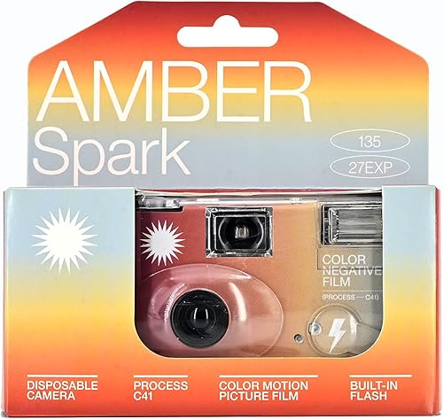 Miniatura 2 de RETO Amber Spark - Cámara de película desechable de 1.378 in 27exp, película negativa de color, sin enfoque, fácil de usar, flash integrado, de un