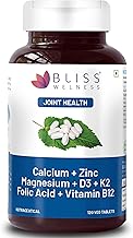 Bliss Welness Calcium Magnesium Zinc Vitamin D3 K2 & B12 Folic Acid | Joint Support Bone Strength Pain Relief Ortho Care | For Men & Women Health Supplement - 120 Vegetarian Tablets.
