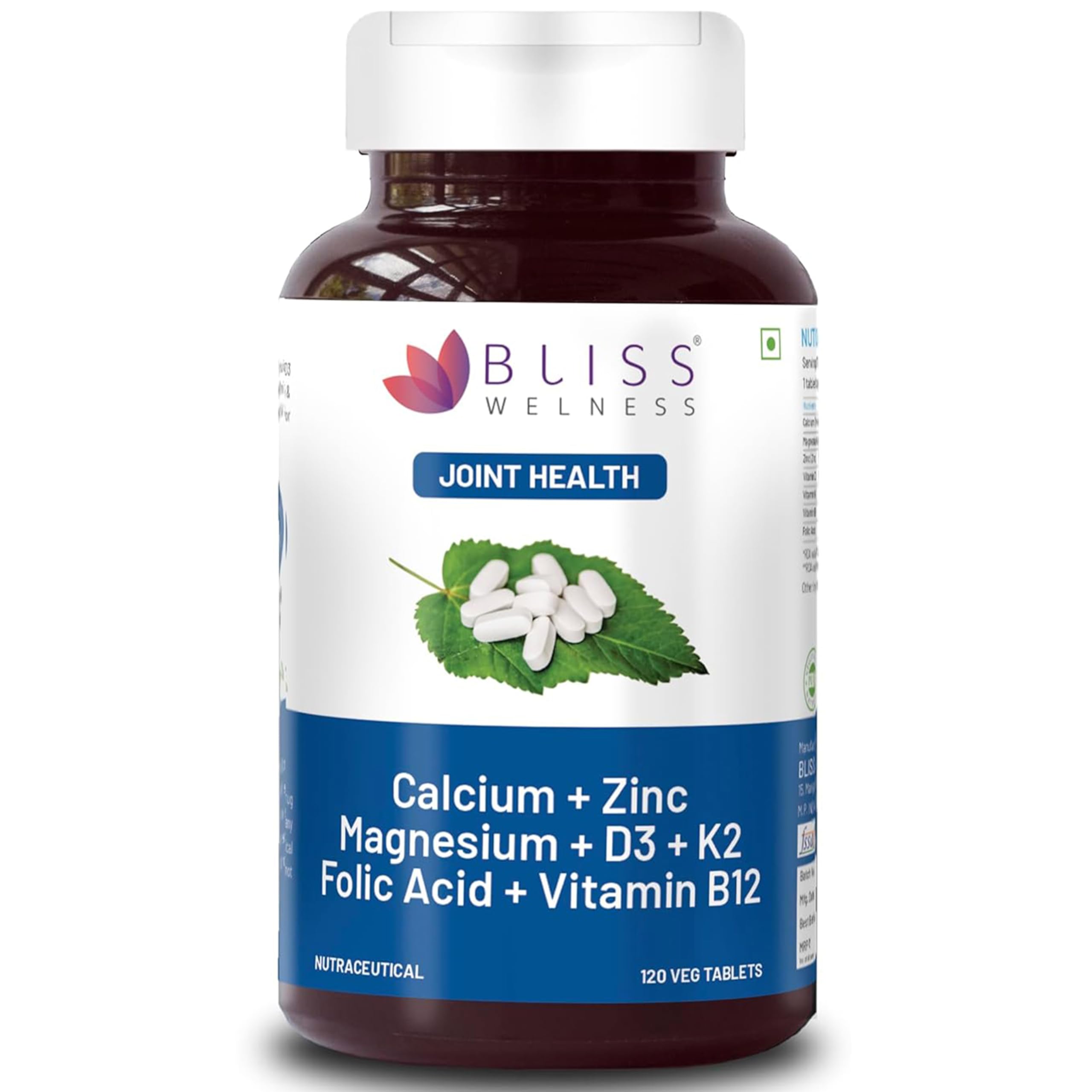 Bliss Welness Calcium Magnesium Zinc Vitamin D3 K2 & B12 Folic Acid | Joint Support Bone Strength Pain Relief Ortho Care | For Men & Women Health Supplement - 120 Vegetarian Tablets.
