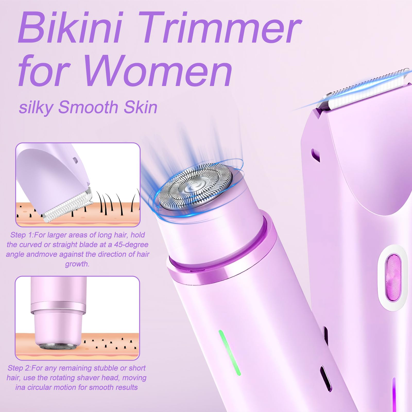 Rasoio Elettrico Donna, 2 in 1 IPX7 Rasoio Elettrico Intimo Donna, Depilazione Indolore Rasoio per Corpo Ascelle Gambe Bikini, Uso Bagnato e Asciutto(Viola)