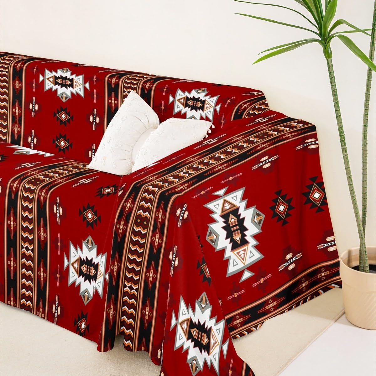 Erosebridal Western Soft Sofa Cushion Covers Bohemian Decor Geometric Sofa Cover, Boho Aztec Cat Proof Sofa Slipcovers Couch Blanket Ethnic Tribe Arrow Indoor Cat Couch Protector 71"x134",Red