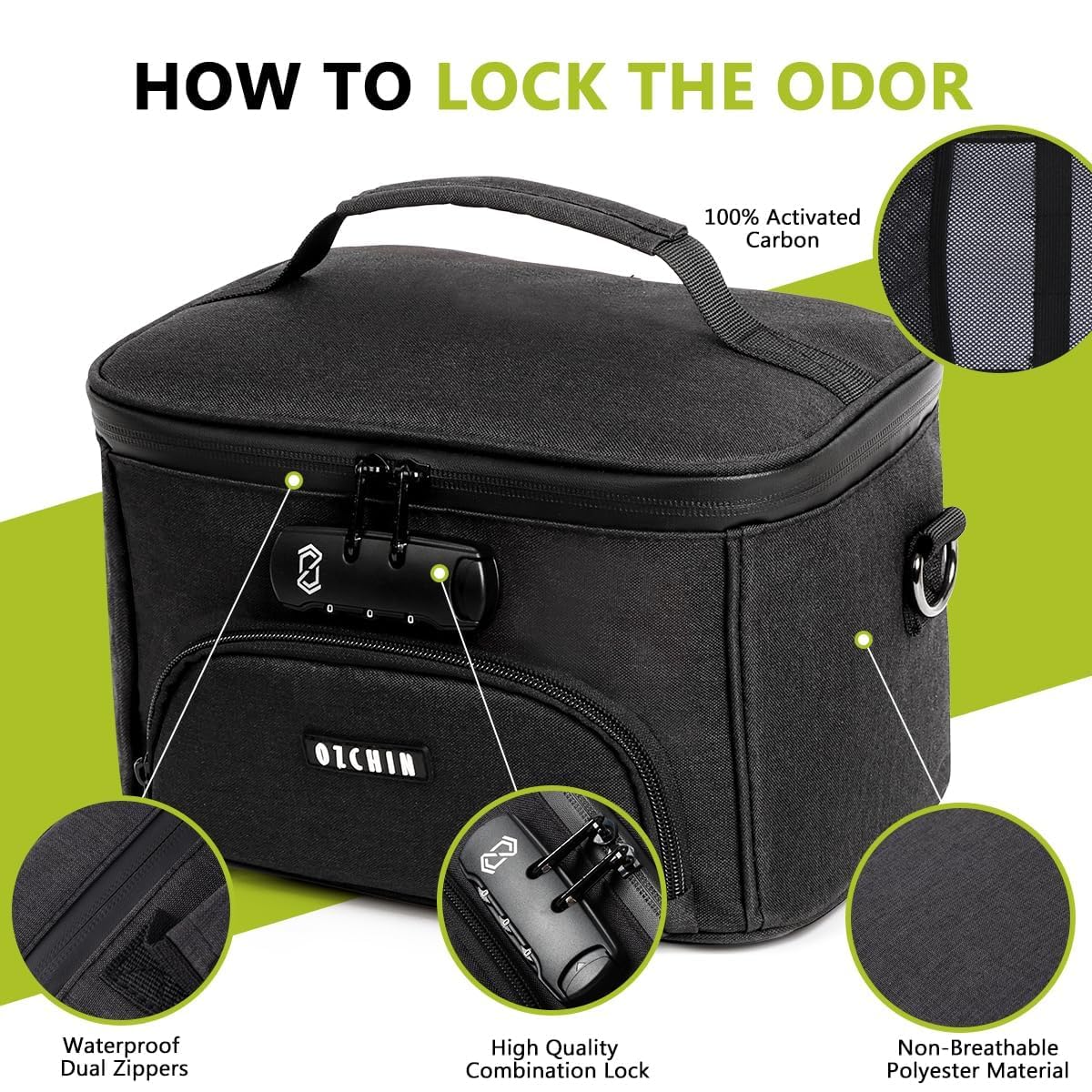 OZCHIN Sac anti-odeurs avec serrure à combinaison, boîte anti-odeurs, accessoires de fumage en fibre de carbone activé, récipient anti-odeurs, excellent cadeau pour la fête des pères, sac anti-odeurs