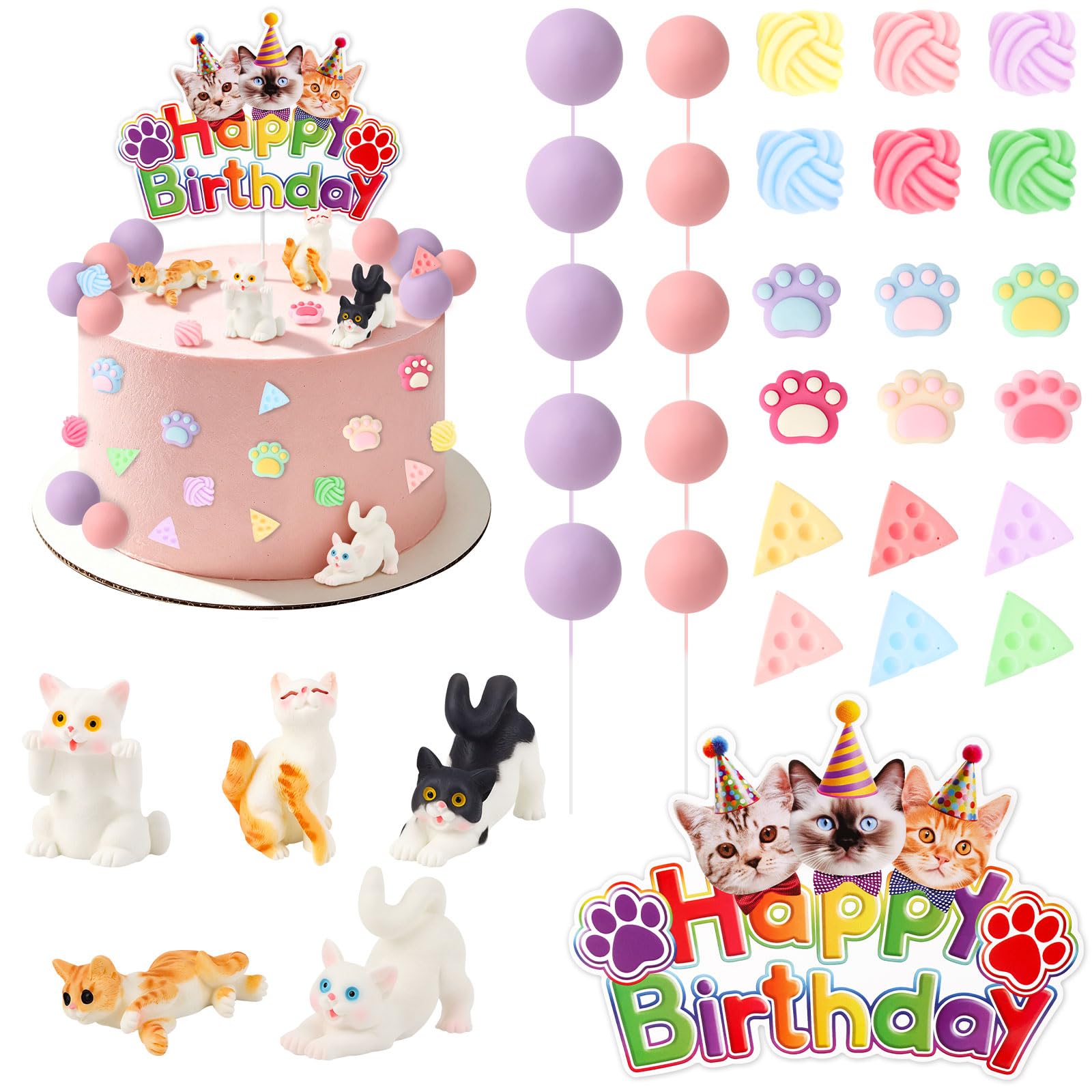 Hooqict 34Pcs Cat Cake Decorations Set with Mini Cats Figurines Cute Paw Balls Cake Toppers & Cupcake Toppers for Kids Pet Cat Themed Birthday Party Decorations Supplies — image 1