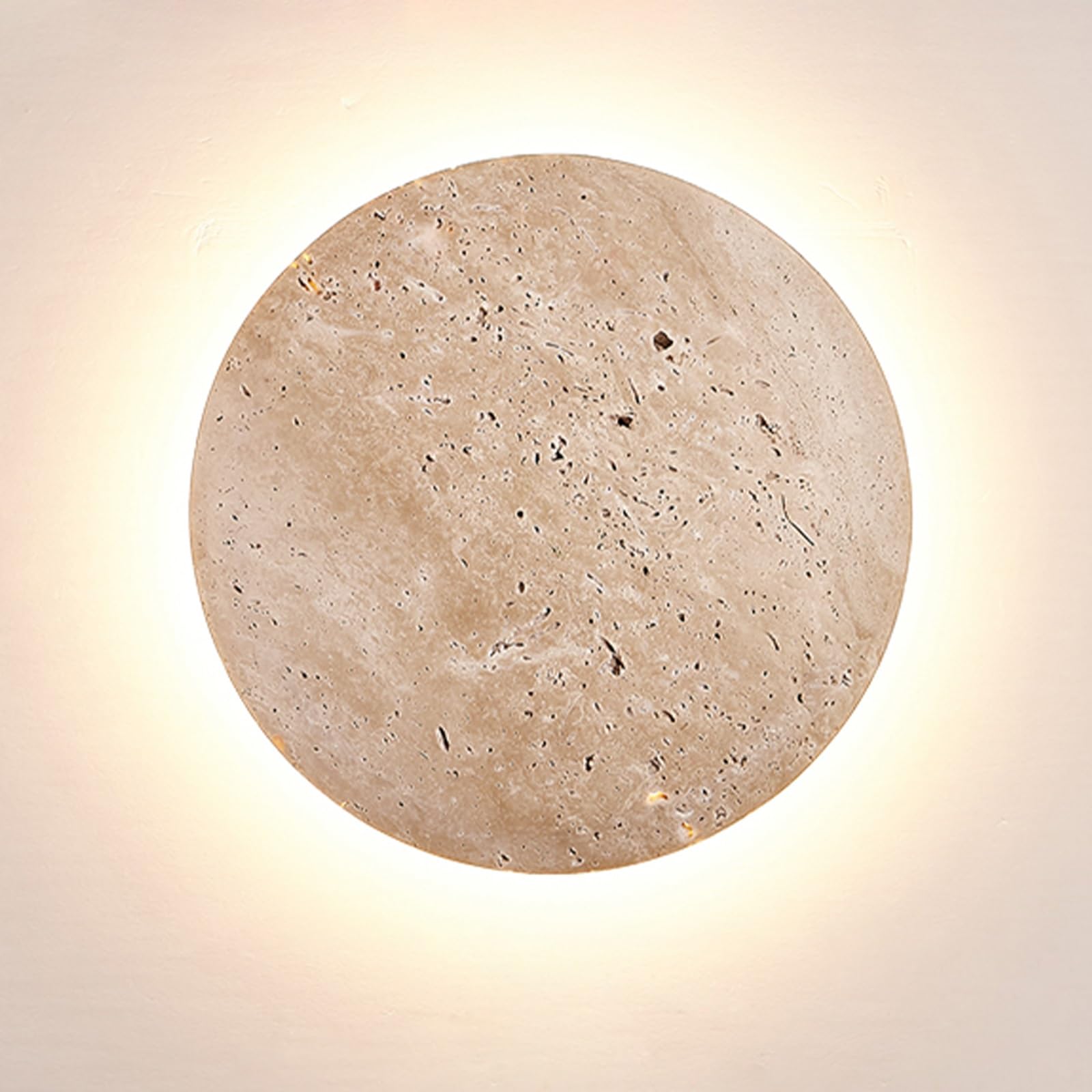 SXWNBIFH Natural Travertine LED Wall Sconce, 23cm Round Wall Light 8W 3000K Warm White Ambient Lighting, Wabi-Sabi Stone Wall Lamp for Hallway Bedroom Living Room Bathroom