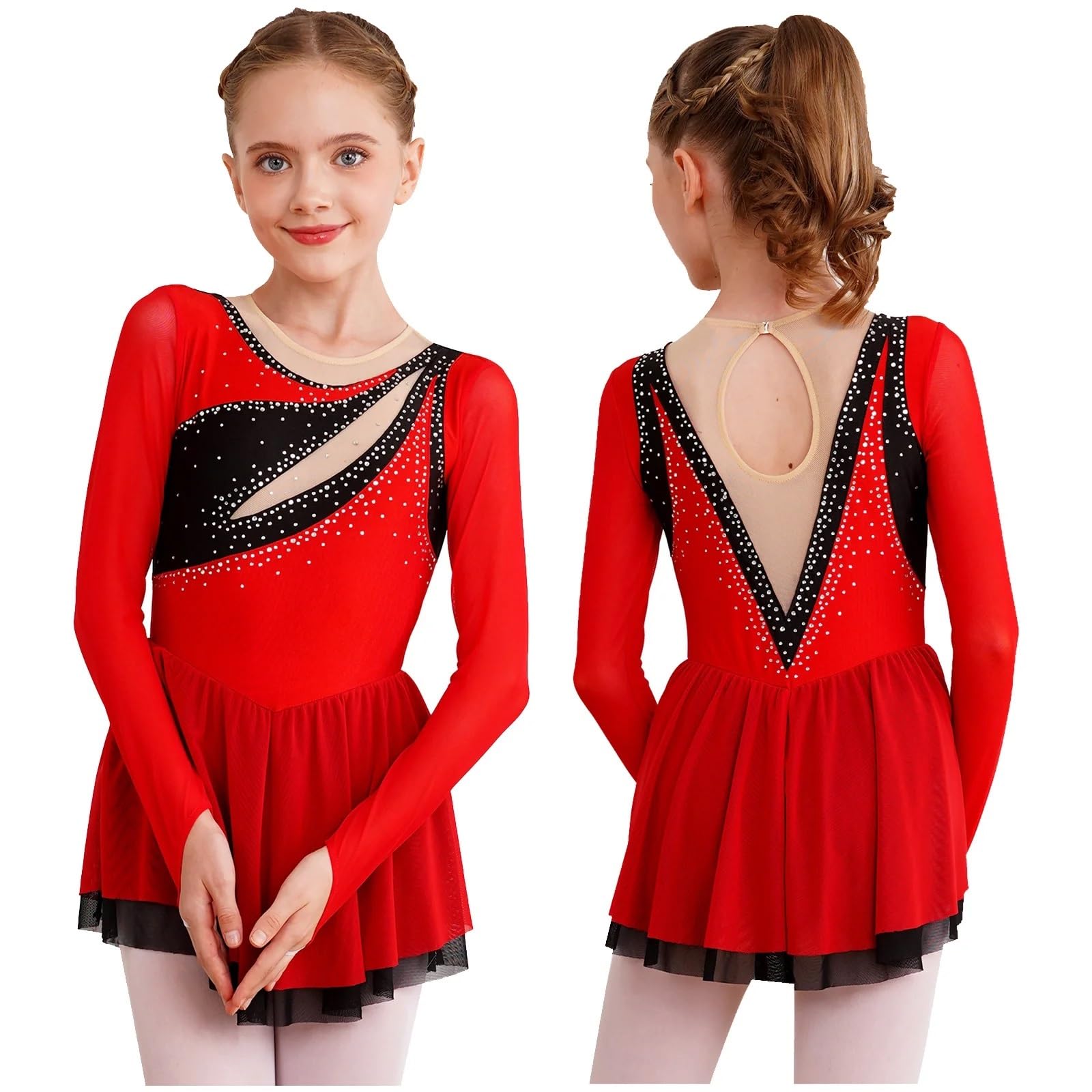 Gymnastikanzug Mädchen Ballett-Tanzkleid, Rhythmische Gymnastik, Trikot, Tutu, Kleider, Langarm, Strass, Eiskunstlauf, Tanzbekleidung(Red A,16)