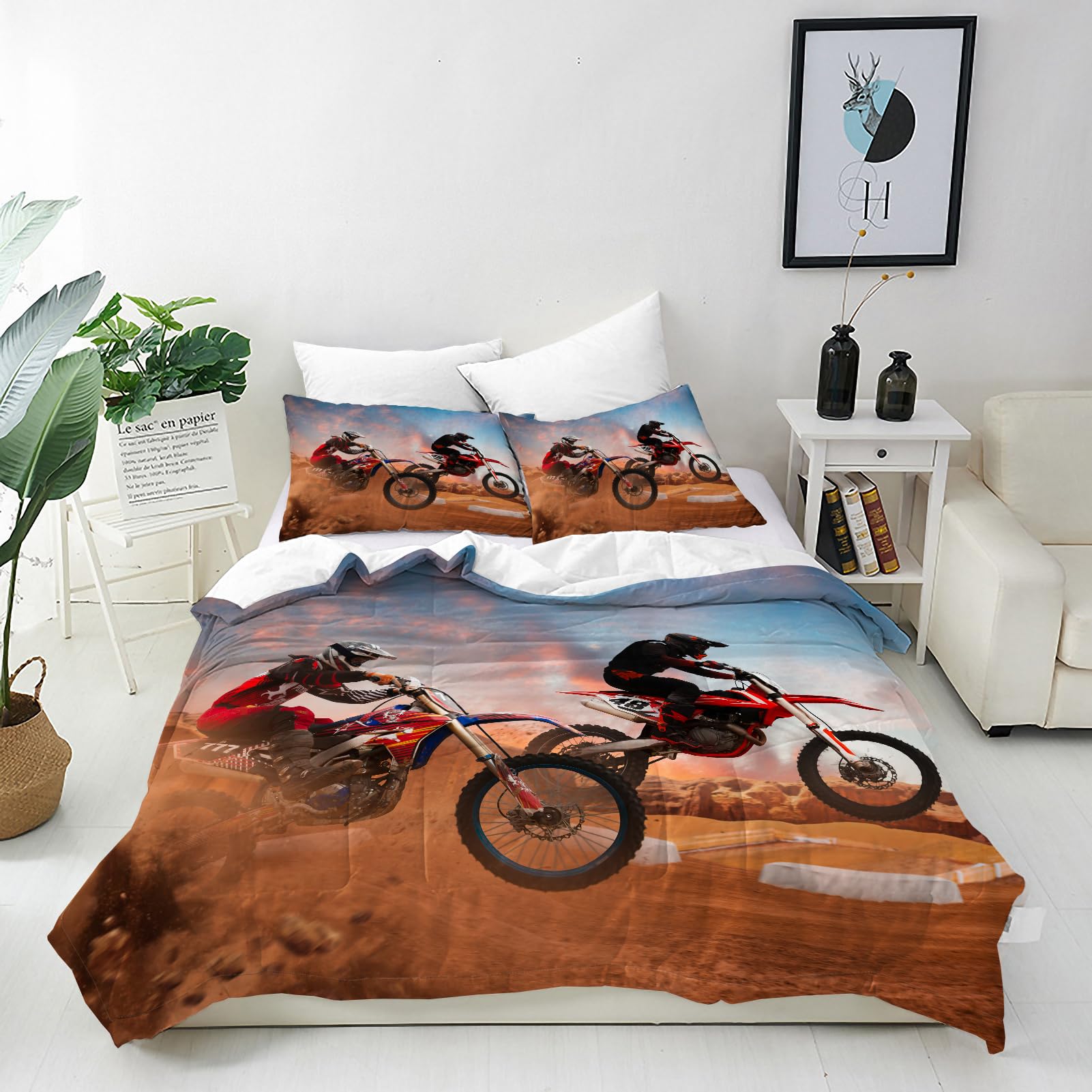 ANHOPE Motocross Rider Duvet Cover Set Soft 3 Piece Bedding Set including Motorcycle Print Pattern Comforter Cover Pillowcase All Season Decor Quilt Cover with Zipper for Kids Adults Single