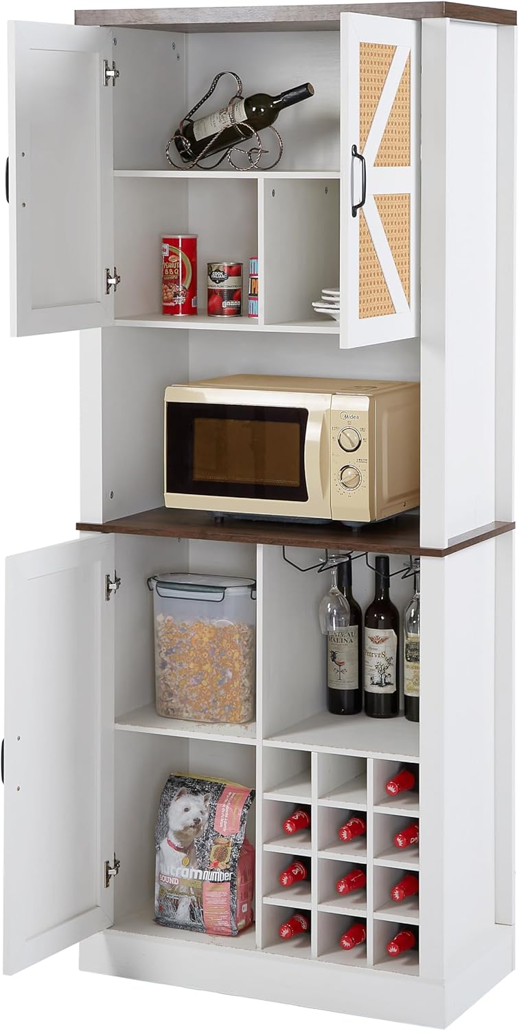 76 Inch Tall Kitchen Bar Cabinet with Square Compartments and Shelves,Large Wooden Faux Rattan Storage Cabinet with Barn Doors and Microwave Shelves ，Wine Cabinet (White)