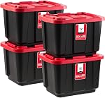 IRIS USA 45 Liter Stackable Heavy Duty Totes for Truck, 4 Pack, BPA-Free Tough Storage Bins, Garage Organizing Container with Durable Snap Lid, Black/Red