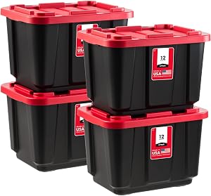 IRIS USA 45 Liter Stackable Heavy Duty Totes for Truck, 4 Pack, BPA-Free Tough Storage Bins, Garage Organizing Container with Durable Snap Lid, Black/Red