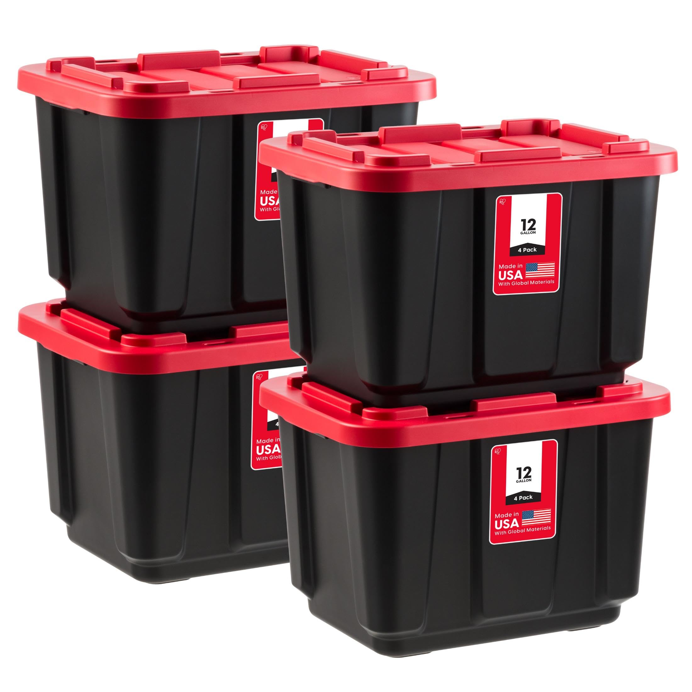 IRIS USA 12 Gallon Heavy Duty Truck Bed Toolbox Storage Tote Bins with Lids, 4 Pack - Made in USA, Tough Snap On Lockable Lid Stackable Industrial Rugged Tubs, Garage Organization Box - Red