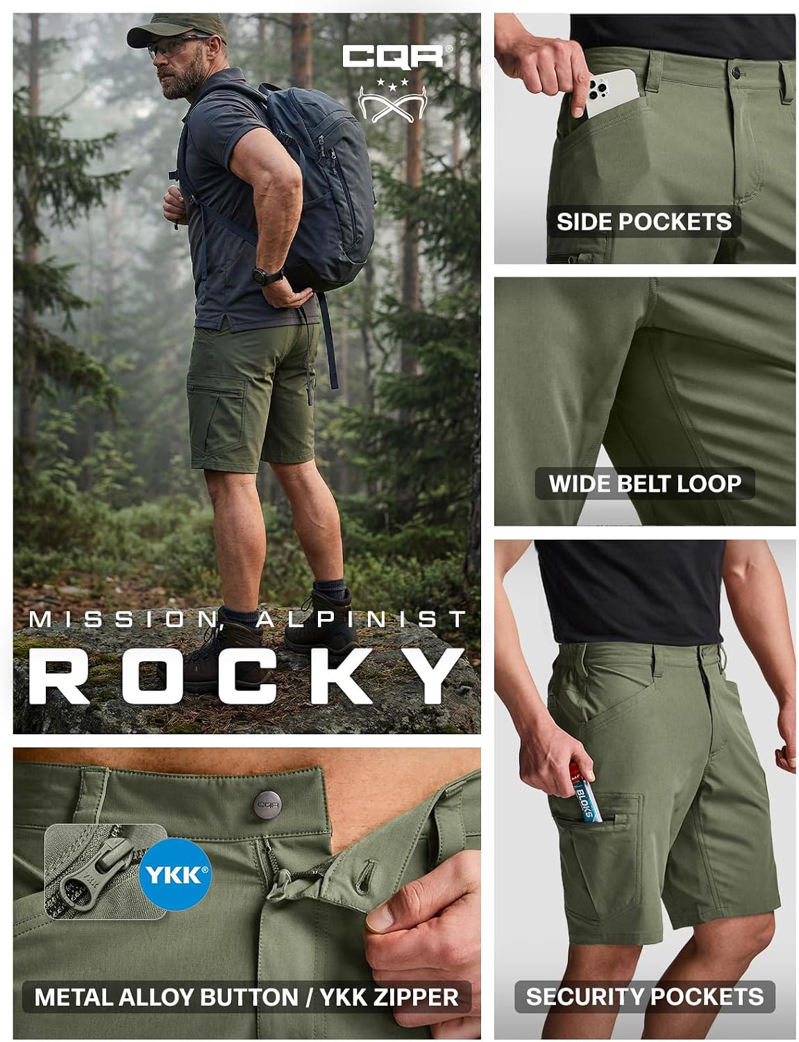CQR Men's Quick Dry Stretch Hiking Cargo Shorts, Lightweight Water Resistant Tactical Casual, Golf & Outdoor with Pockets