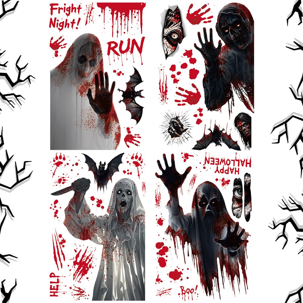 WFKKMEQ Halloween Scary Window Decorations, Removable Electrostatic Halloween Window Sticker, Double Sided Window Decals, Scary Accessories for Party, Party Decor Supplies (4 Sheets)