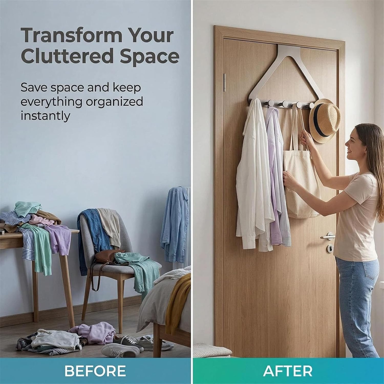 Over the Door Hanger Organizer, No-Drill Heavy Duty Carbon Steel Rack with 6 Hooks, Space-Saving Over the Door Hook Set for Coats, Hats, Towels & Scarves (White+Black)