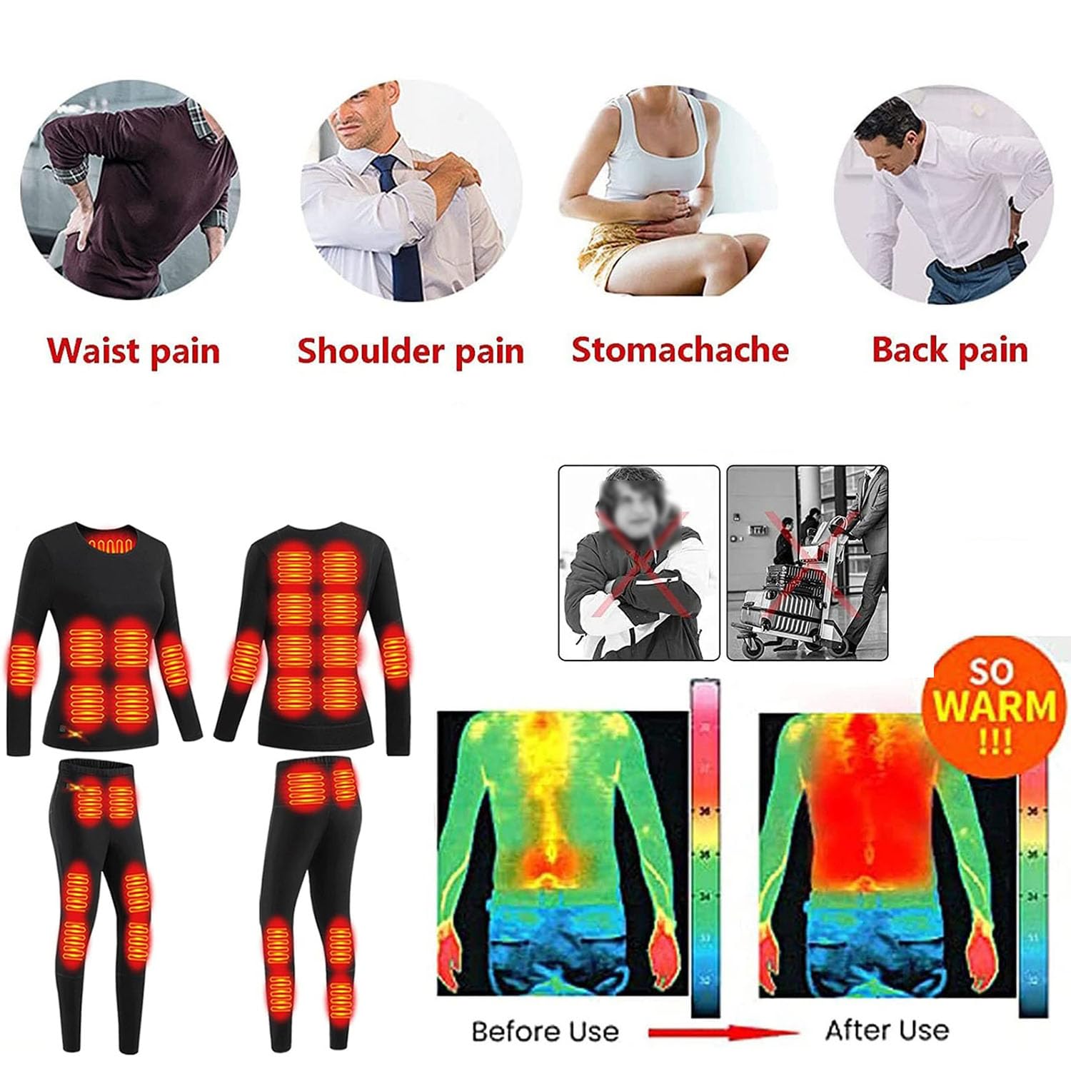 Ropa Interior térmica Ropa Interior con calefacción eléctrica USB: Ropa Interior Funcional para Hombre Conjunto 28 Zonas de calefacción 3 Control de Temperatura para Ropa Interior de esquí