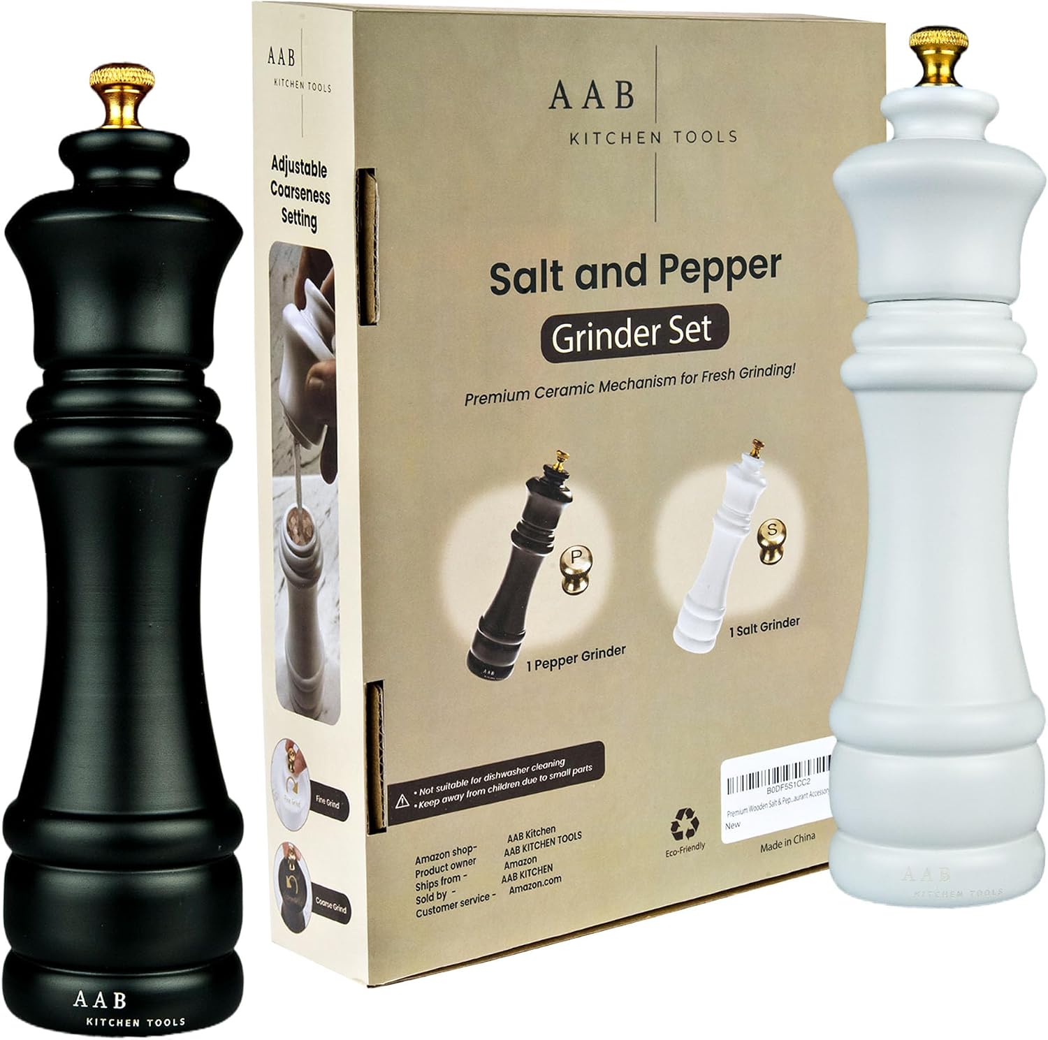 Wooden Black and White Manual Refillable Large Salt and Pepper Grinder Set, Shaker with Adjustable Ceramic Grinding Mechanism for Customized Coarseness, 8 Inches, Pack of 2