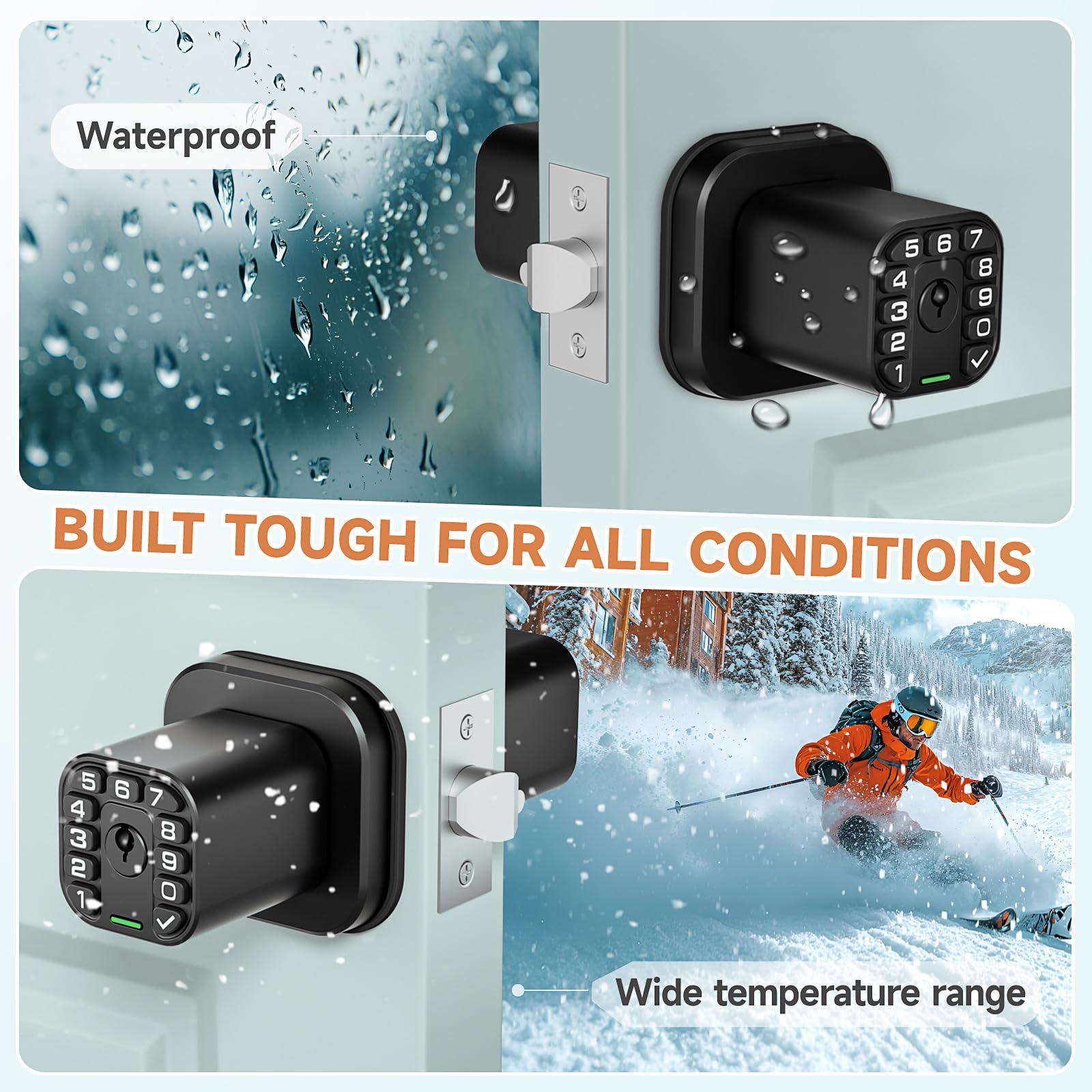 Richelock Keylees - Pomo cuadrado con teclado, cerradura de puerta de entrada con cilindro, bloqueo automático, impermeable y resistente a la intemperie, para exteriores e interiores, dormitorio,