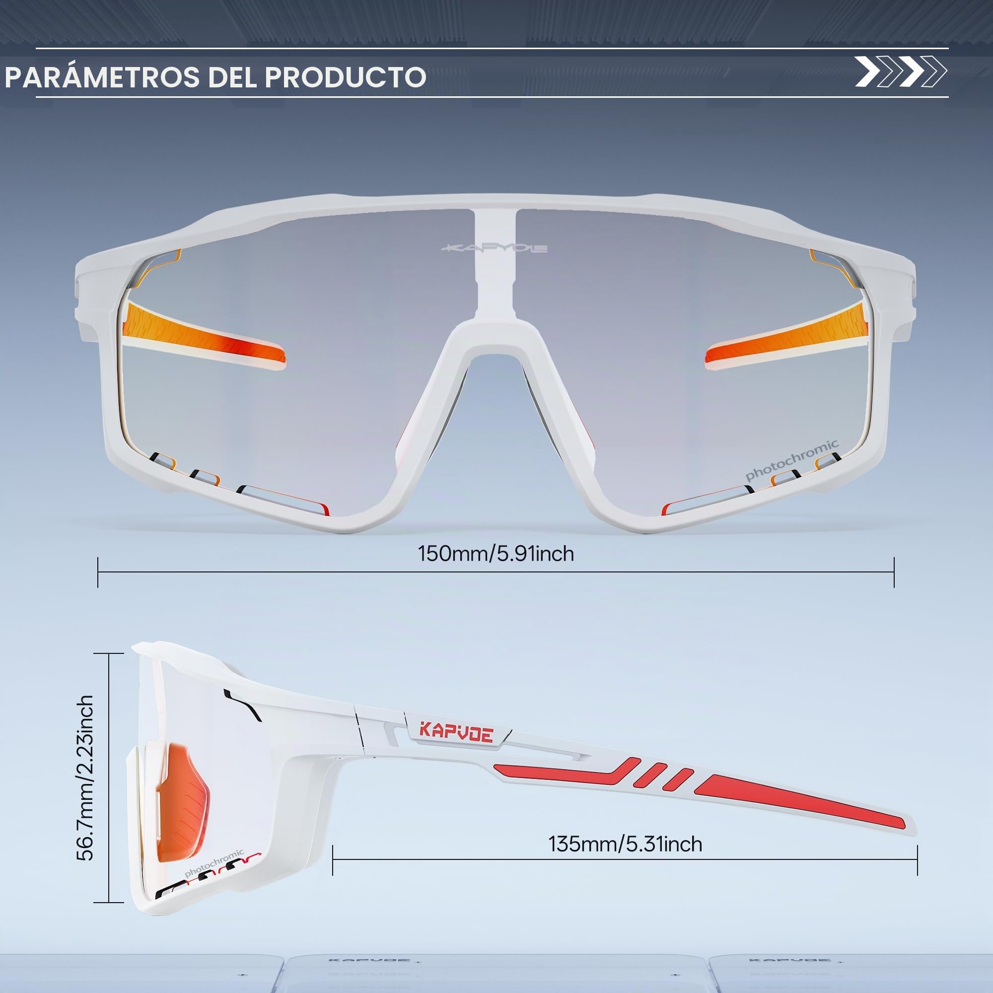 KAPVOE Gafas de Ciclismo Fotocromáticas UV400 Hombre Mujer K76 | Transparente a Negro fotocromática CAT.0-CAT.2, UV400, ventilación, almohadilla 3 posiciones