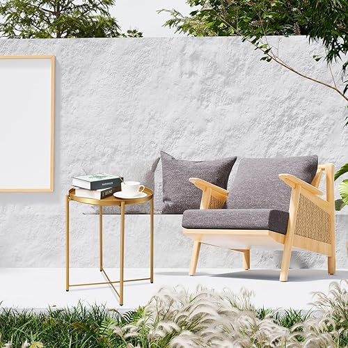 Miniatura 4 de danpinera Paquete de 2 mesas auxiliares doradas, mesa auxiliar dorada para espacios pequeños, mesa decorativa redonda de metal para patio, bandeja