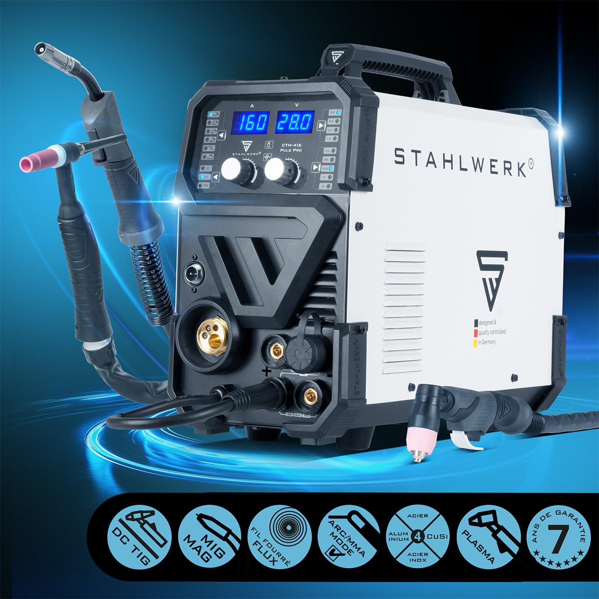 STAHLWERK Poste à souder combiné 6-en-1 CTM-416 Puls Pro – CUT, TIG, MIG/MAG, PULSE, MMA (ARC), FLUX jusqu'à 160 A, découpeur plasma jusqu'à 40 A, amorçage HF, fonction Pulse, dévidage de fil, LED