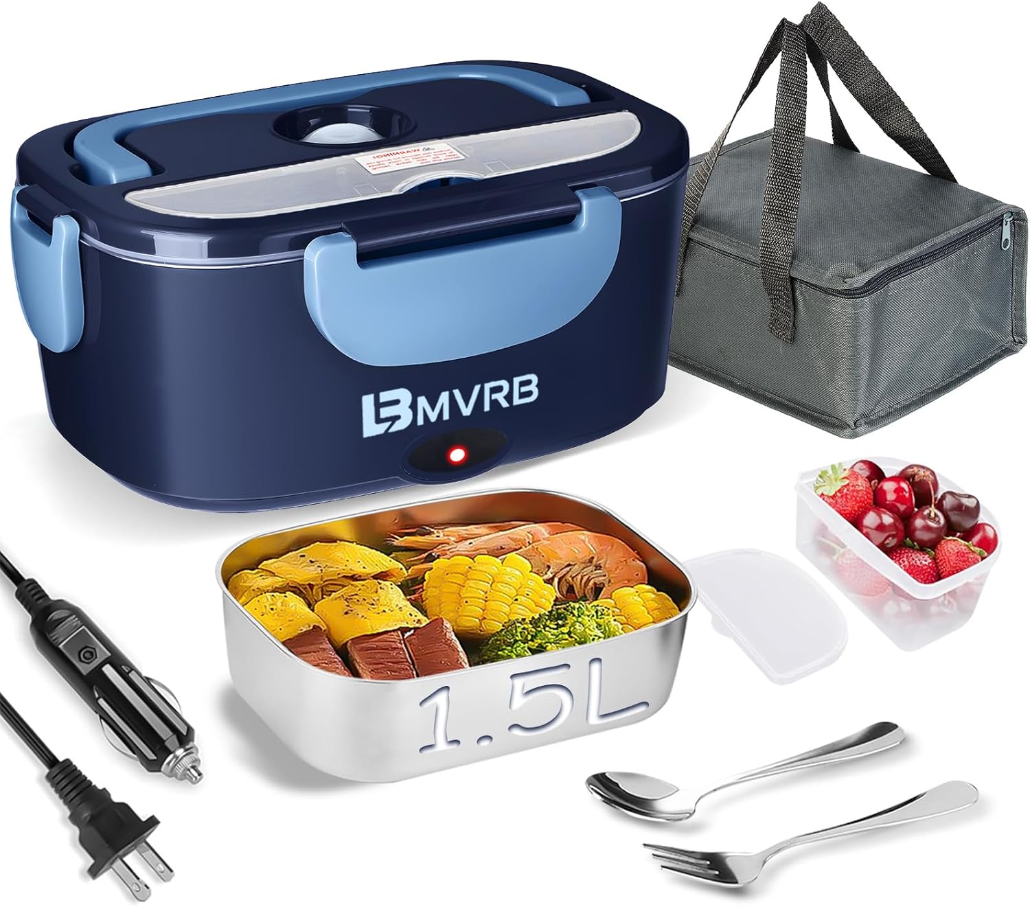 Electric Lunch Box for Adults, 80W Fast Heating 1.5L, Detachable Stainless Steel Food Warmer & Lunch Heater, 12V/24V/110V for Cars/Trucks/Work/Travel, Lonchera Eléctrica Portátil (Blue)