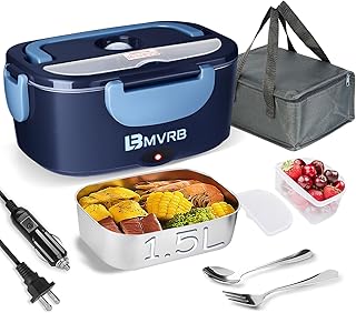 Electric Lunch Box for Adults, 80W Fast Heating 1.5L, Detachable Stainless Steel Food Warmer & Lunch Heater, 12V/24V/110V for Cars/Trucks/Work/Travel, Lonchera Eléctrica Portátil (Blue)