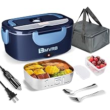 Electric Lunch Box for Adults, 80W Fast Heating 1.5L, Detachable Stainless Steel Food Warmer &amp; Lunch Heater, 12V/24V/110V for Cars/Trucks/Work/Travel, Lonchera El&eacute;ctrica Port&aacute;til (Blue)