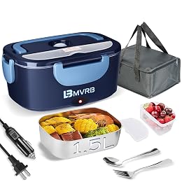 LBMVRB Electric Lunch Box for Adults, 80W Fast Heating 1.5L, Detachable Stainless Steel Food Warmer & Lunch Heater, 12V/24V/110V for Cars/Trucks/Work/Travel, Lonchera Eléctrica Portátil (Blue)