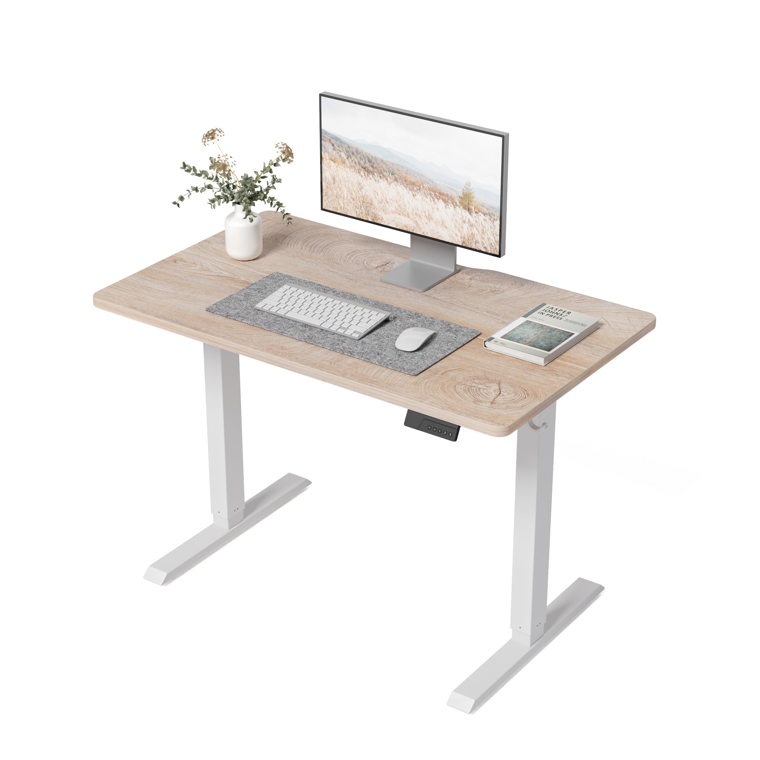 FEZIBO Electric Standing Desk 100 x 60 cm, Height Adjustable Computer Desk with Memory Presets, Sit Stand Home Office Desk, White Frame with Oak Top — image 1