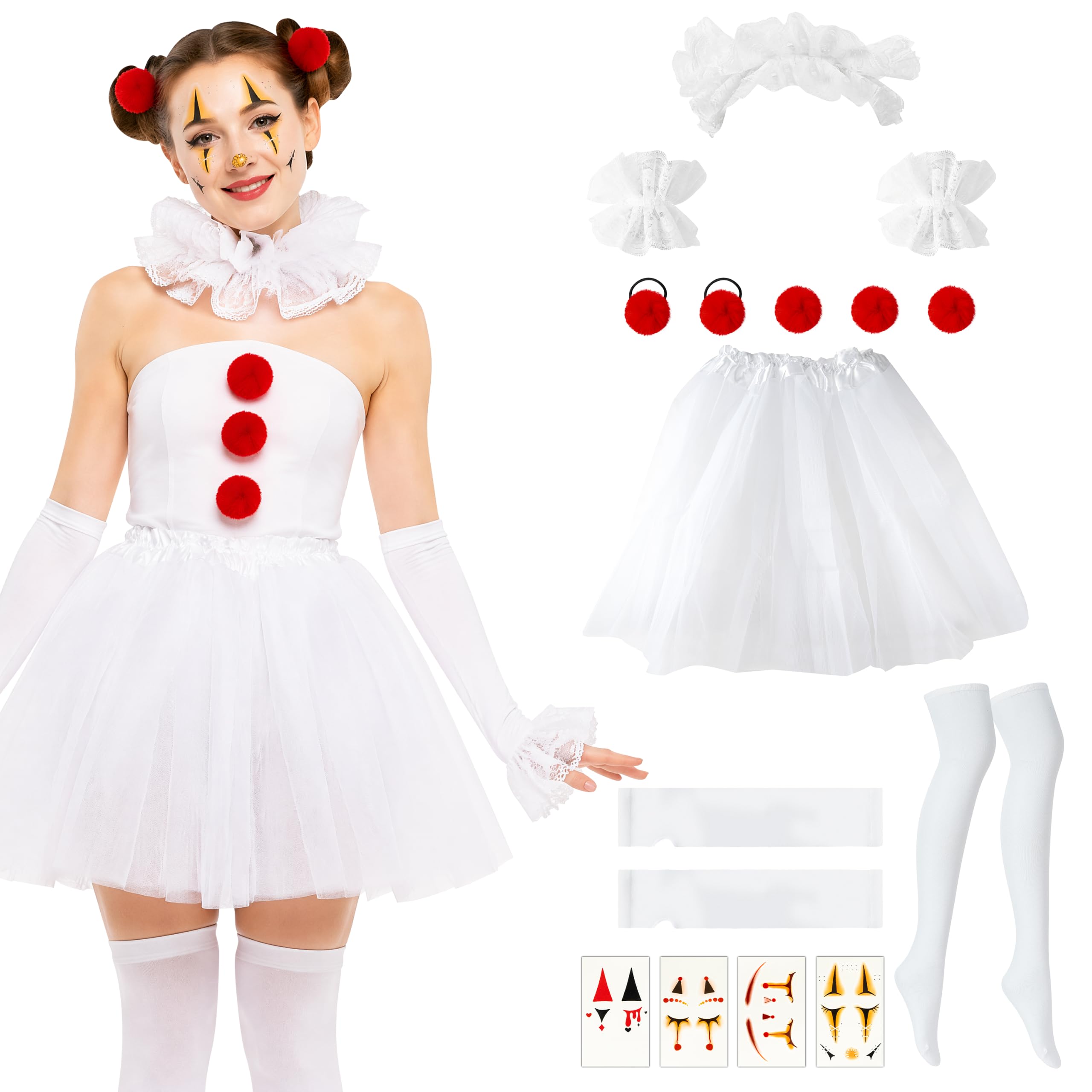 YINGENIVA White Clown Costume Set for Women with Neck Ruffle Collar Cuffs