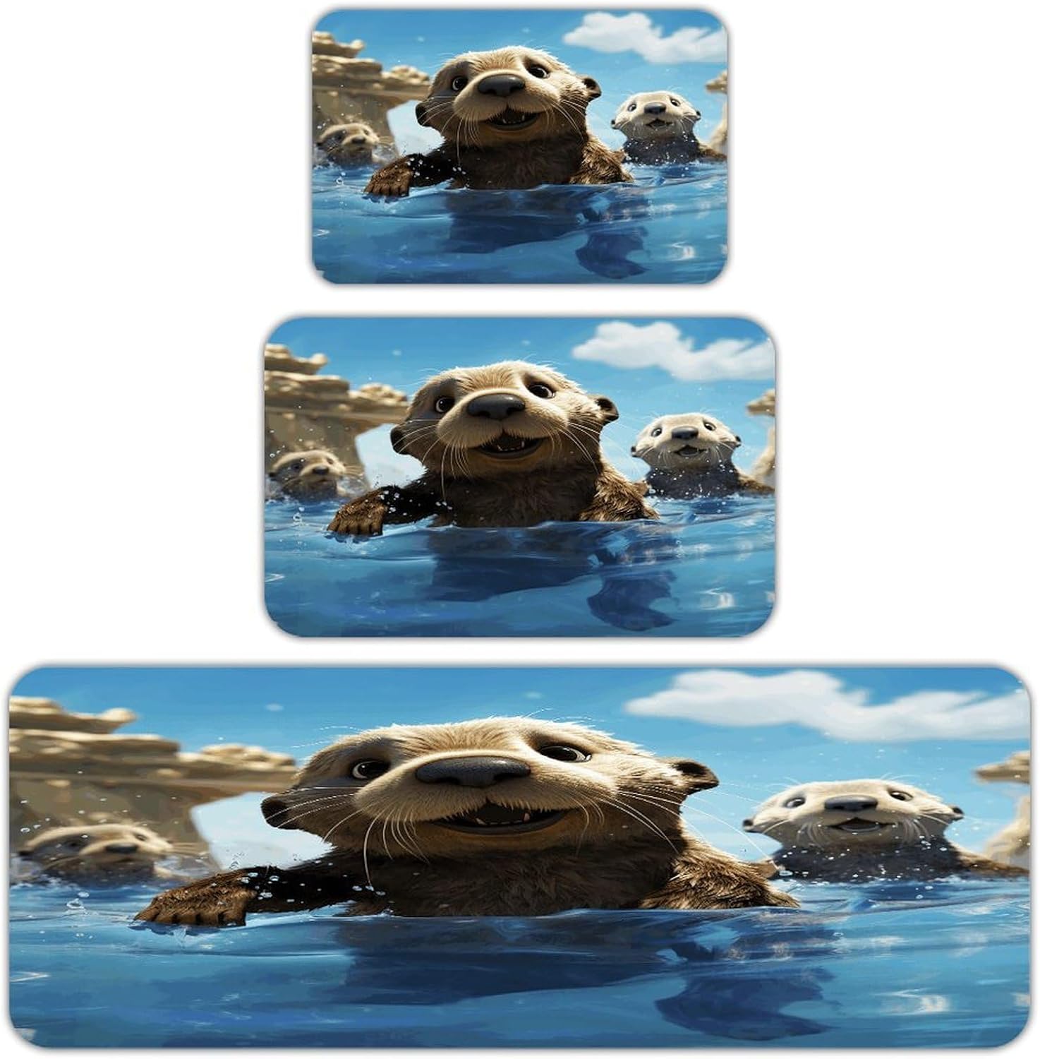 Lovely Sea Otter Print Kitchen Rugs Set of 3 Non Slip Washable Kitchen Mats for Floor Soft Area Rug Kitchen Floor Mat Cushioned Anti Fatigue Mats Standing Sink Mat Decor Runner Rugs