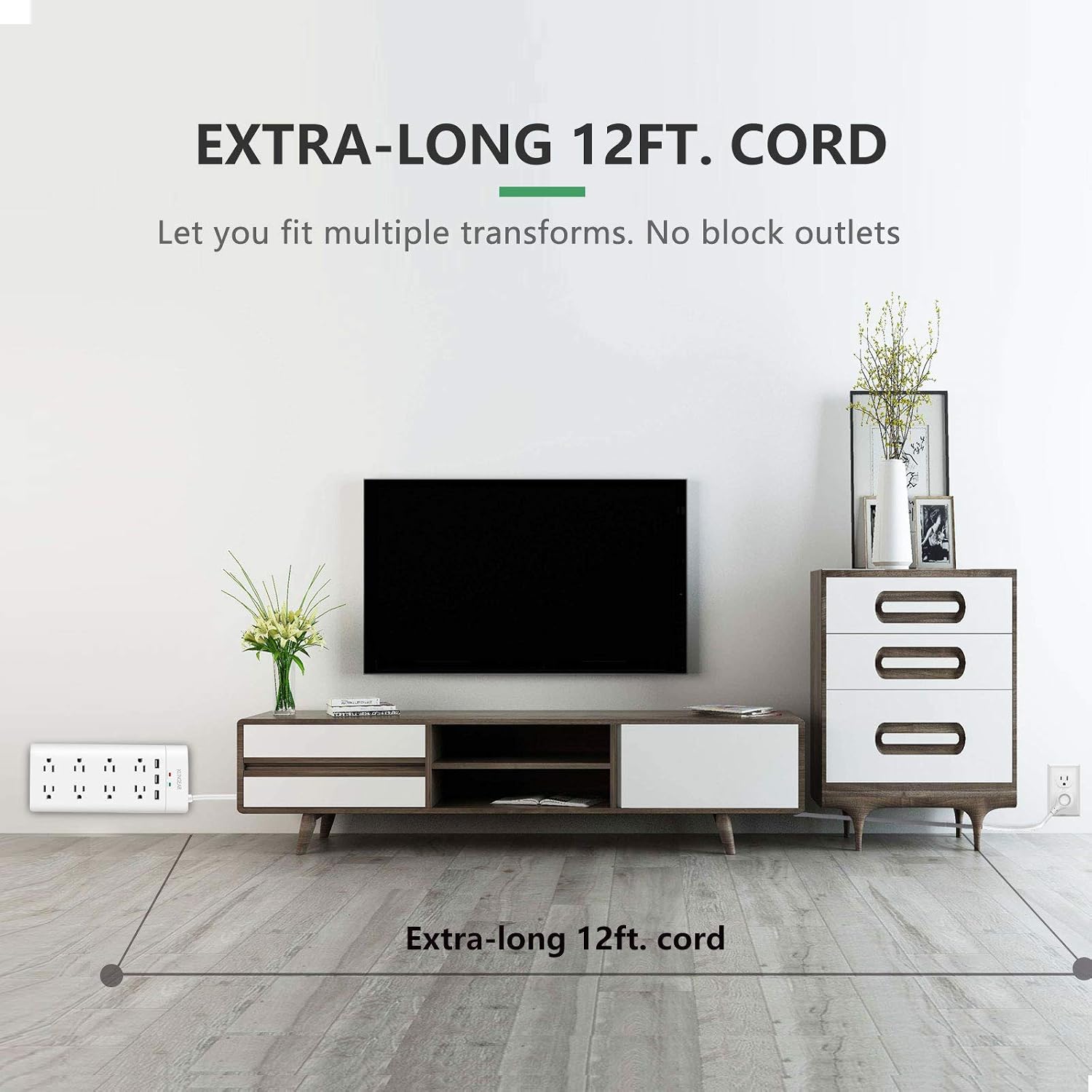 New Arrivals KUNGEAR 8-Outlet 12ft Extra Long Cord USB Surge Protector Power Strips, Low Profile Flat Plug, 5V 3.1A USB Charging Station, Wall Mount, 15A Circuit Breaker, 1050J, Idea for Home and Office, White