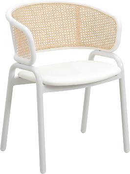 LeisureMod Ervilla Mid-Century Modern Armchair with White Powder Coated Steel Legs and Wicker Back for Kitchen and Dining Room