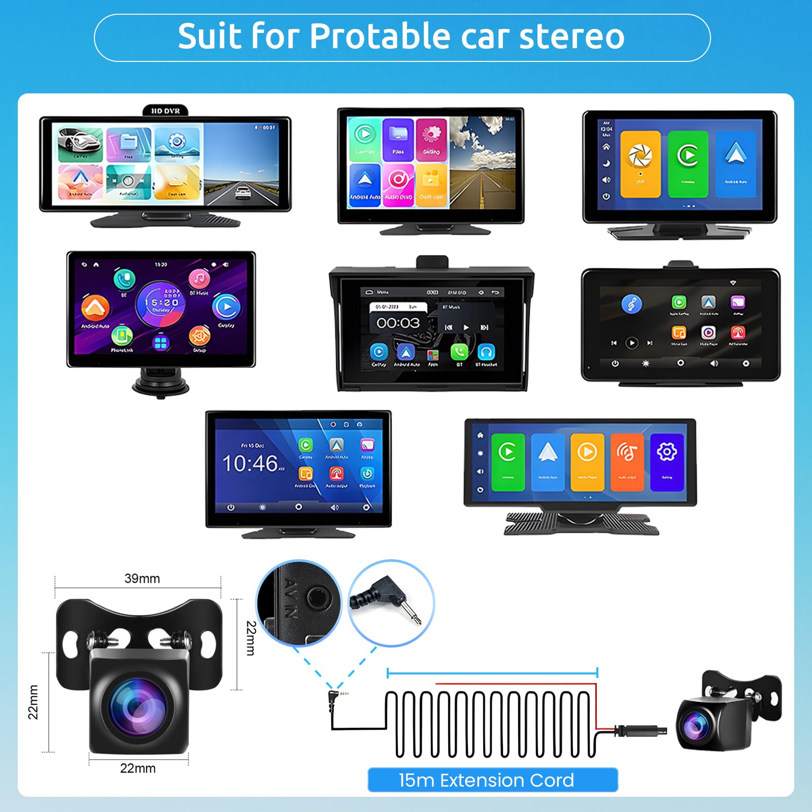 AHD Telecamera Posteriore per Autoradio Portatile, Telecamera Retromarcia Impermeabile IP69 per Visione Notturna per Schermo Carplay, Fotocamera a 4 pin per Autoradio,con Cavo di Prolunga da 15 m