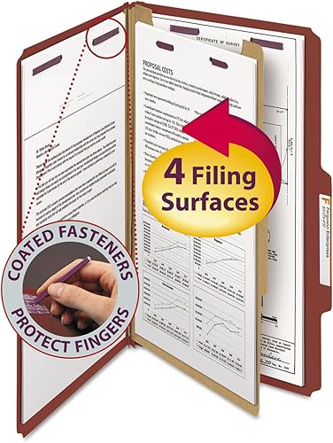 Smead Carpeta de archivos de clasificación de cartón prensado con sujetadores SafeSHIELD, 1 divisor, expansión de 2 pulgadas, tamaño legal, rojo, 10