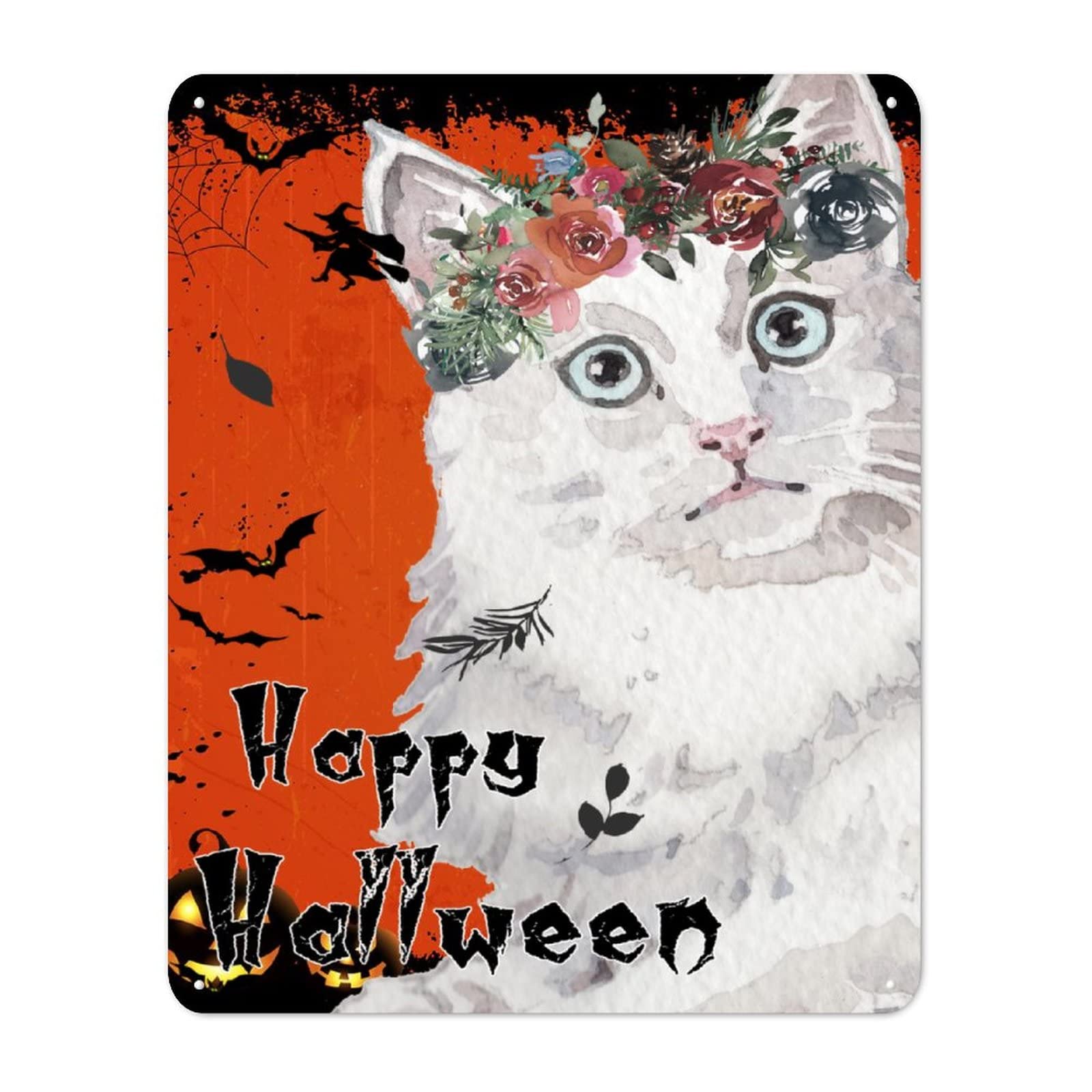 Panneau métal Happy Halloween Witch Cat en aluminium vintage de 30x40 cm