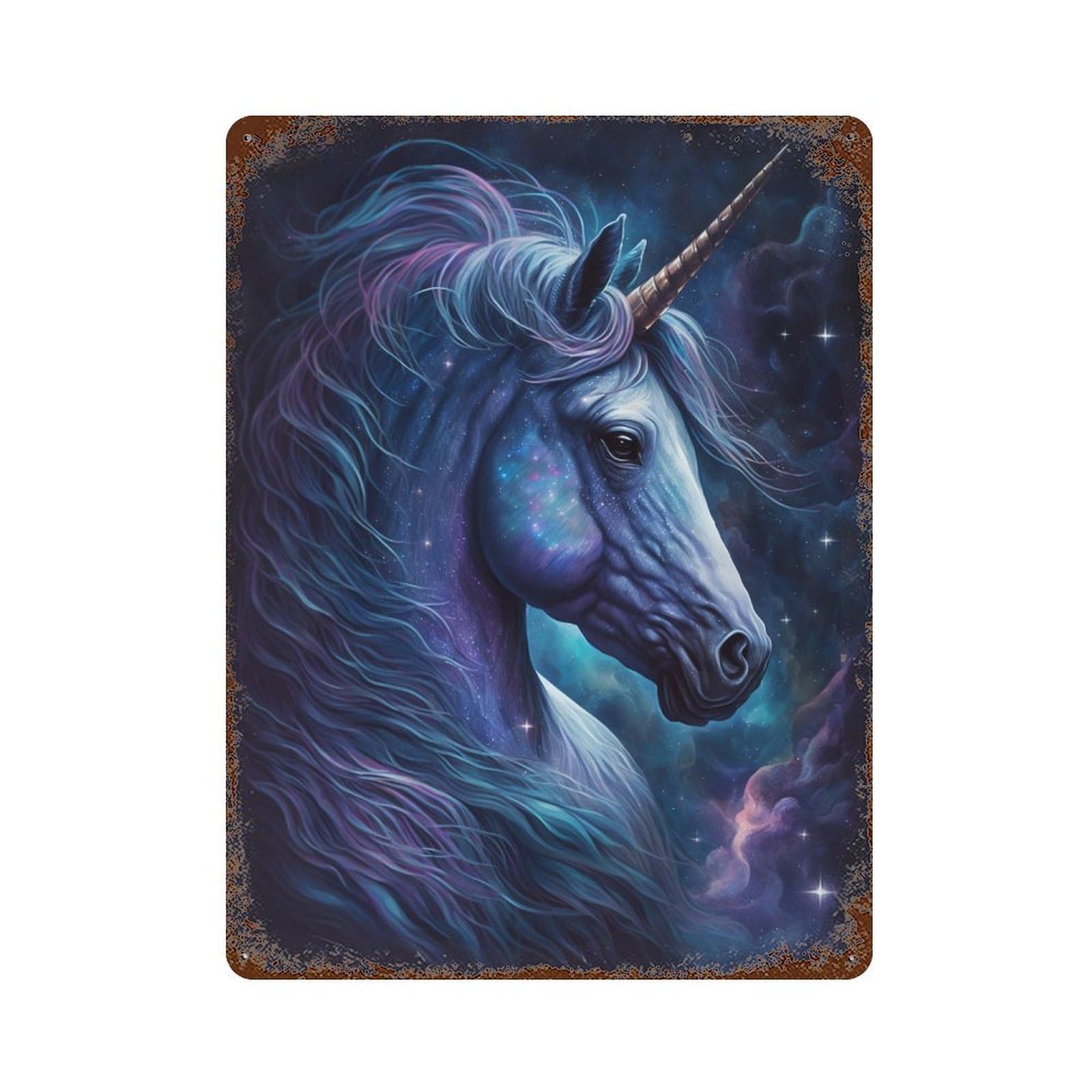 Rust Effect Galactic Unicorn Fantasy Art Print -4 Distressed Metal Wall Sign 15.7"x11.8", Shabby Chic Decor for Pub, Kitchen And Man Cave Decor